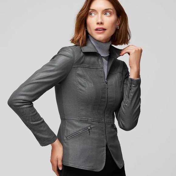 WHBM WASHABLE! Seamed Coated Denim Moto Jacket Leather Look Stretchy Moonwalk 14 - Picture 1 of 12
